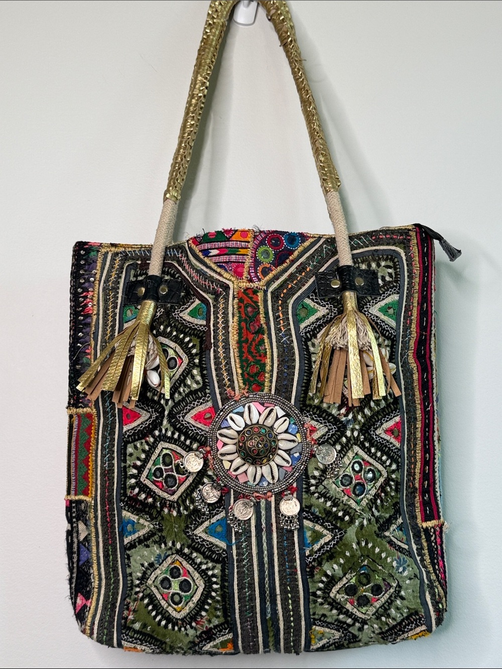 Vintage Multicolor Embroidered Boho Zipper Tote with Gold Tassel Accents